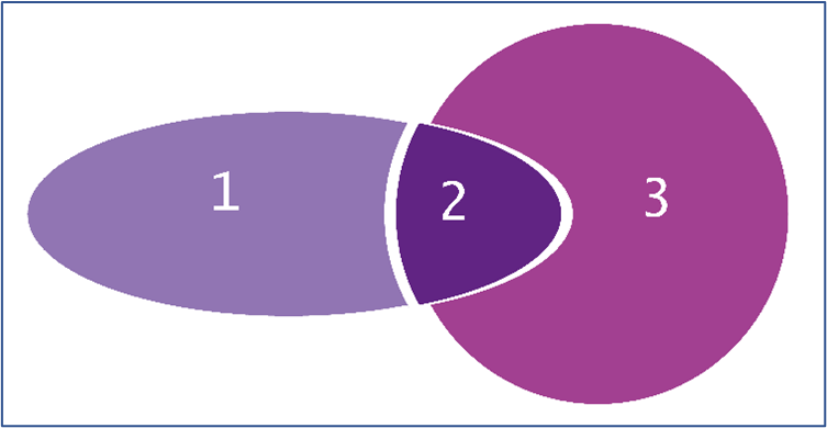 This image shows how the vector flattener has created three new vector paths that no longer overlap (moved apart for the purposes of illustration), with the color of 2 representing the blend evident in the original artwork.